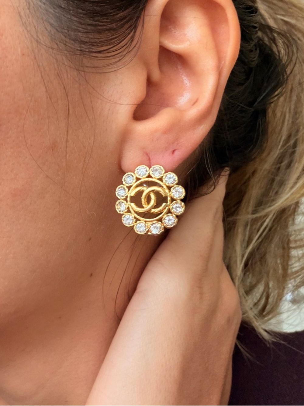 CHANEL Gold-Tone CC Logo Crystal Halo Earrings - Picture 9 of 11